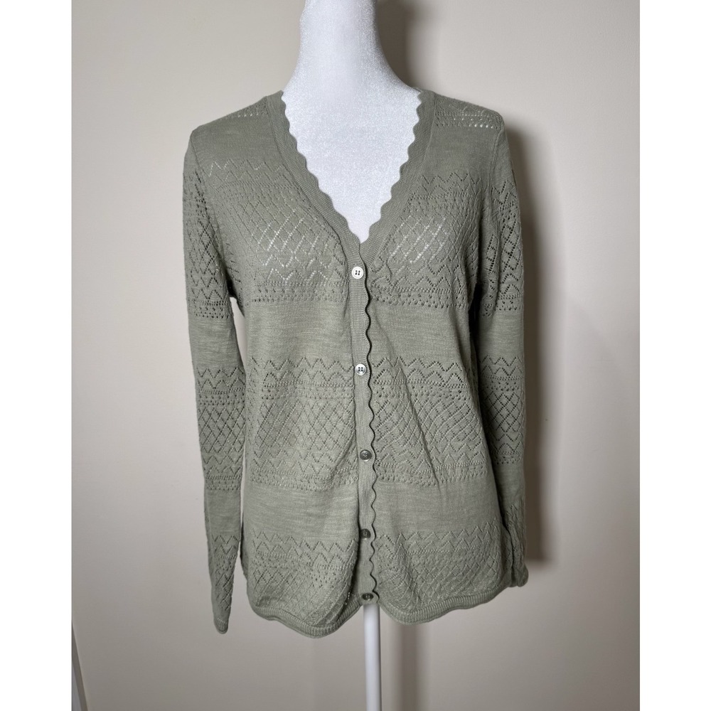 FRYE Women's Sage Green Scalloped V Neck Button Front Cardigan Sweater Size S